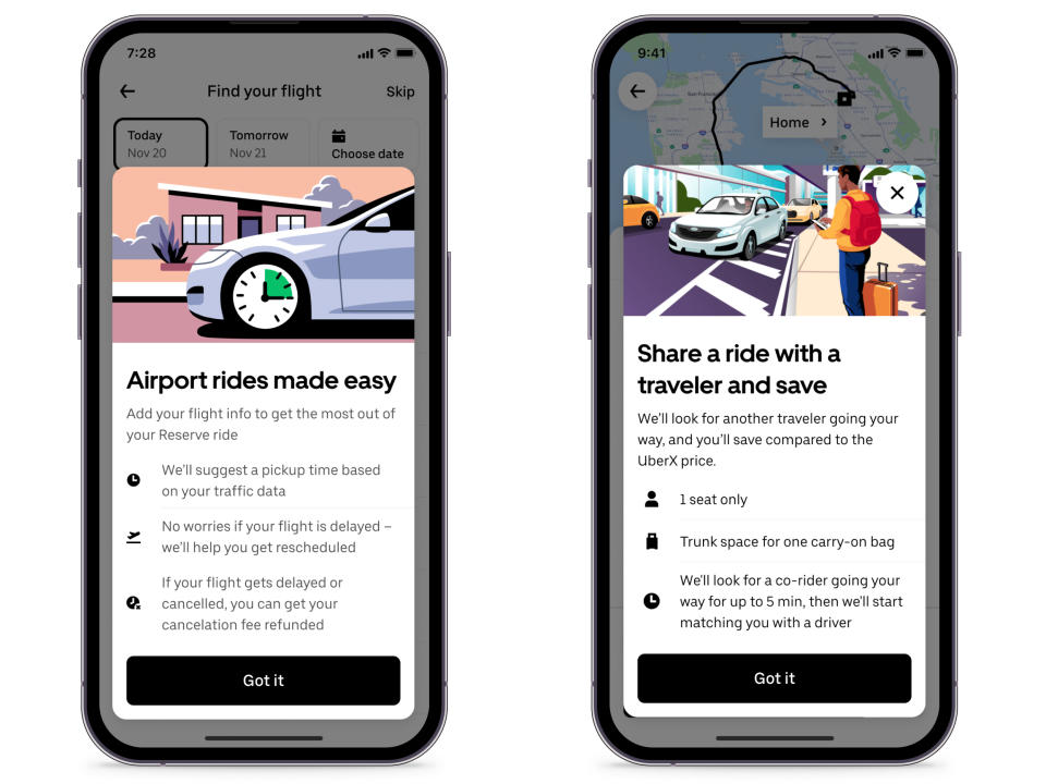 Δύο στιγμιότυπα οθόνης της εφαρμογής Uber δείχνουν τη νέα λειτουργία Flight Capture και τις κοινοποιήσεις αεροδρομίων.