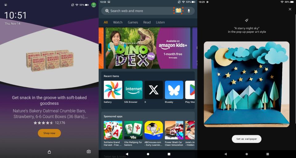 A trio of screenshots displaying different features of Amazon's Fire OS software, including a lock screen ad, the 