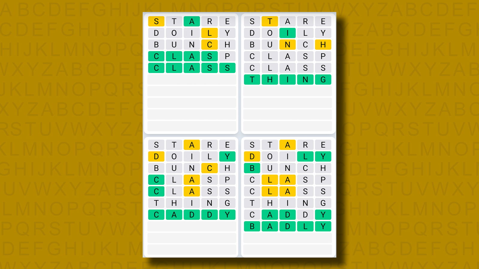 Απαντήσεις Quordle Daily Sequence για το παιχνίδι 1028 σε κίτρινο φόντο