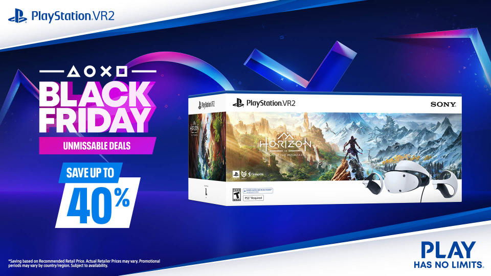 Εικόνα προώθησης για τις προσφορές της Sony PlayStation Black Friday. Ένα κουτί PS VR2 με 