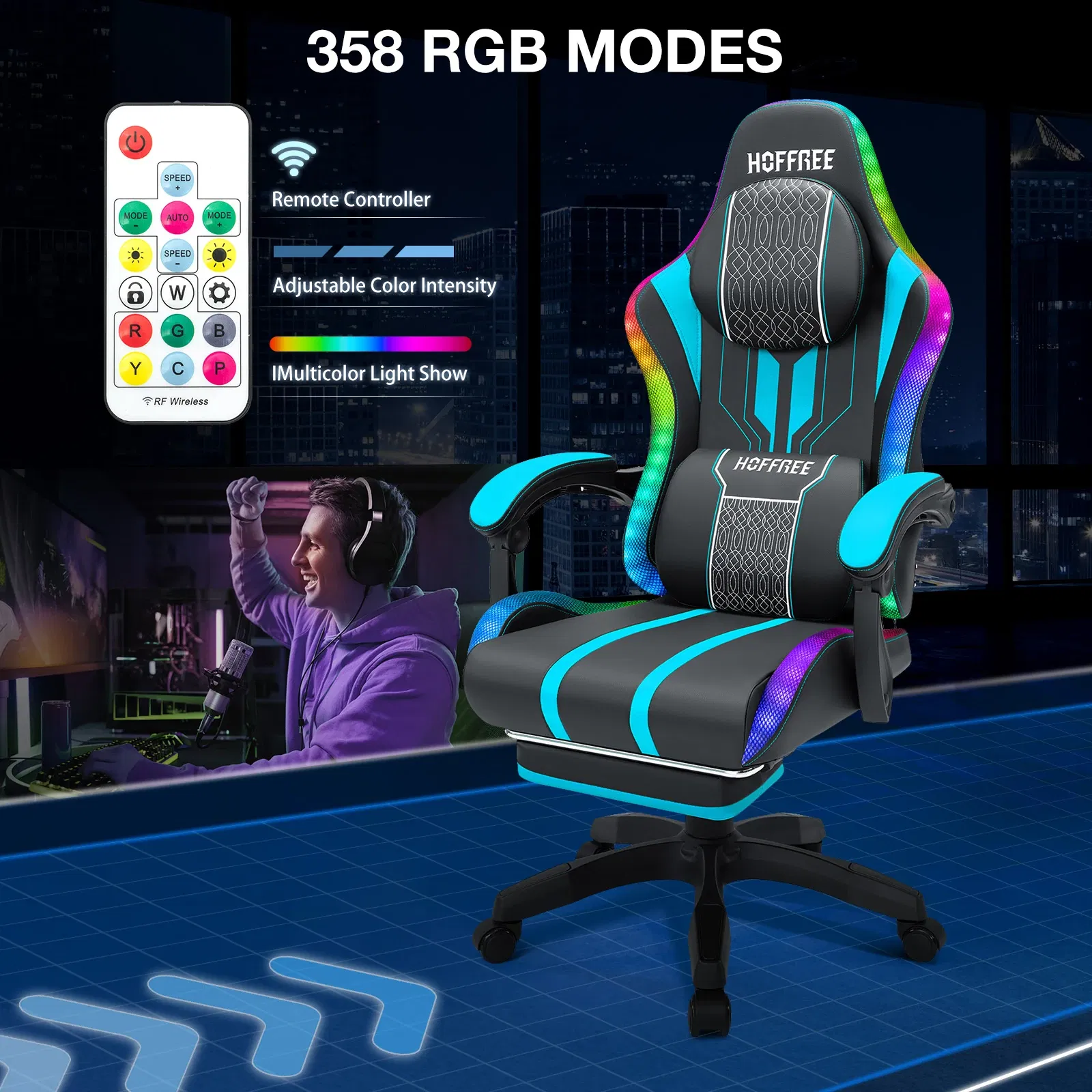 Hoffree Office Gaming Chair with Speakers and LED Lights leds