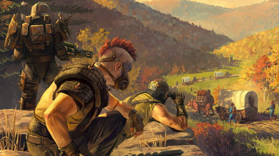 Καλύτερα νέα MMO: Βασική τέχνη της σεζόν Fallout 76 Milepost Zero, που δείχνει επιδρομείς να κοιτάζουν προς ένα καραβάνι με Vault Dwellers.