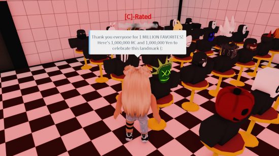 Roblox Ro Ghoul κωδικοποιεί: ένας χαρακτήρας στέκεται στο εστιατόριο στο Ro Ghoul με ένα μήνυμα πάνω από το κεφάλι της που διαβάζει 